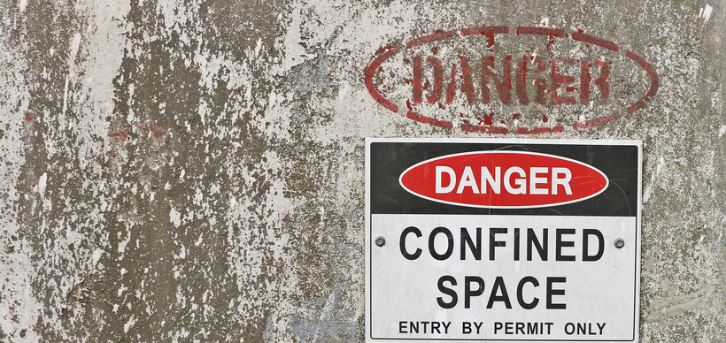red, black and white Danger, Confined Space warning sign